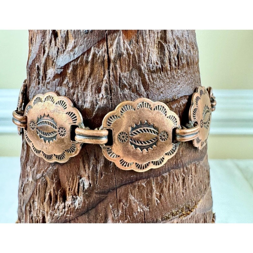 Vintage Southwestern 70s Solid Copper Concho Panel Link Bracelet Cowgirl Boho